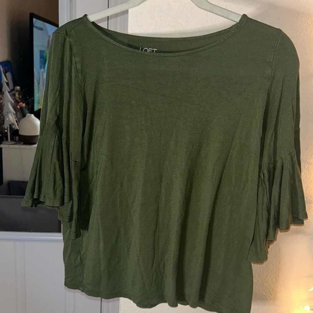 Olive Green Yoke Flutter Sleeve Top Medium Loft